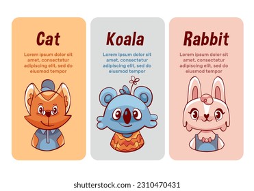 Vector cards of cute cartoon cats, rabbits and koalas.