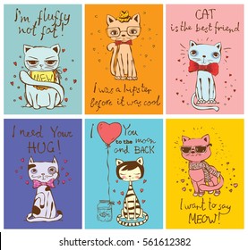 Vector cards with cute cats and hand drawn funny cat text
