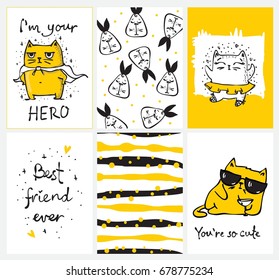 Vector cards with cute cats in simple design for kid's greeting card design, t-shirt print, inspiration poster.