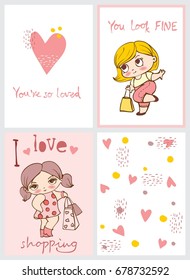 Vector cards with cute fashion girls and funny hand drawn lettering
