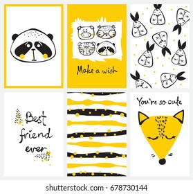 Vector cards with cute happy animal faces and funny hand drawn lettering. Perfect for kid's interiors, banners and posters.
