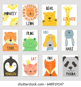 Vector cards with cute illustration of animal faces for banners, flyers,placards . Vector Clip art for Children.