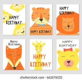 Vector cards with cute illustration of animal faces for banners, flyers,placards . Vector clip art for children.