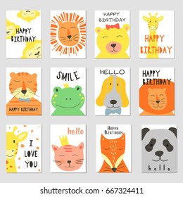 Vector cards with cute illustration of animal faces for banners, flyers,placards . Vector clip art for children.