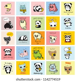Vector cards with cute pandas, cats and funny lettering