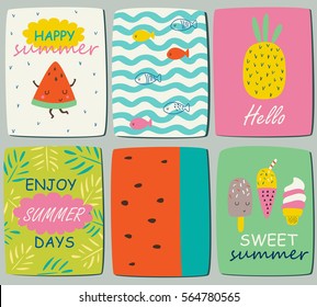 Vector cards with cute summer illustrations in cartoon style