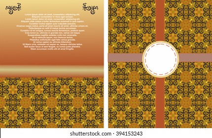 Vector cards with decorative east design pattern and jewelry. Islam, Arab, Indian, ottoman motives. Front page and last page.