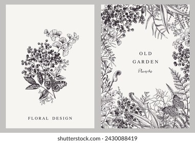  Vector cards with elderberry, leaves and butterfly. Linear art. Floral pattern. Botanical illustration. Vintage. Black and white.