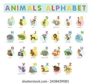 Vector of cards with an English dictionary and alphabet for children,which will help in teaching children in kindergarten. Cartoon cute animals with a name and a letter on a bright cheerful background