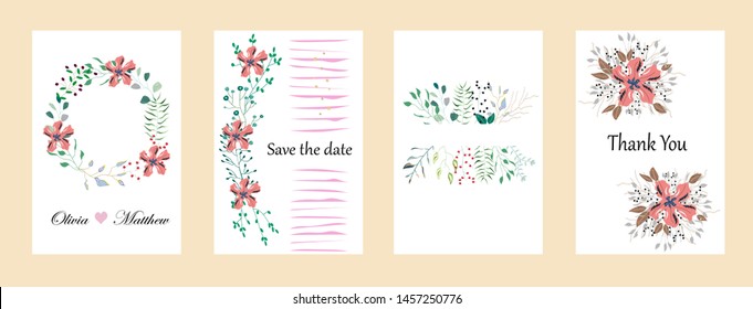 Vector cards with flowers,leaves. Botanic  Design for banner, wedding, poster, invitation, cover, placard, brochure, header.
