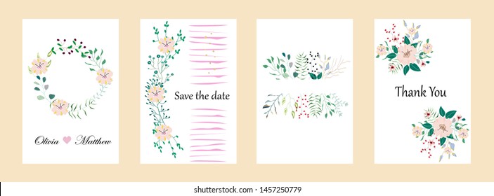 Vector cards with flowers,leaves. Botanic  Design for banner, wedding, poster, invitation, cover, placard, brochure, header.