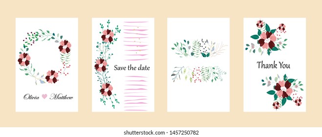 Vector cards with flowers,leaves. Botanic  Design for banner, wedding, poster, invitation, cover, placard, brochure, header.