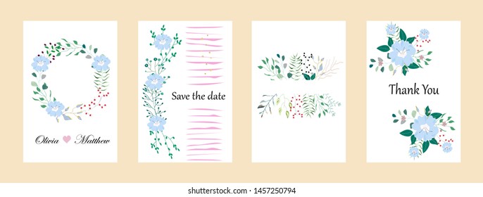 Vector cards with flowers,leaves. Botanic  Design for banner, wedding, poster, invitation, cover, placard, brochure, header.