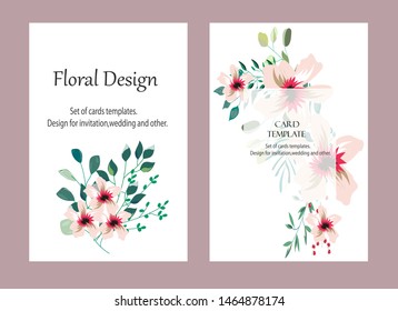 Vector cards with flowers,leaves. Botanic  Design for banner, wedding, poster, invitation, cover, placard, brochure, header.