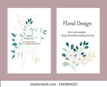 Vector cards with flowers,leaves. Botanic  Design for banner, wedding, poster, invitation, cover, placard, brochure, header.