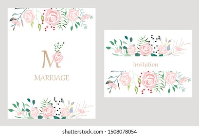 Vector cards with flowers,leaves. Botanic  Design for banner, wedding, poster, invitation, cover, placard, brochure, header.