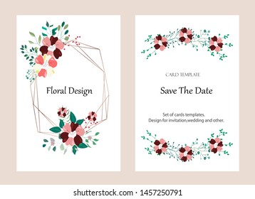 Vector cards with flowers,leaves and geometric. Botanic  Design for banner, wedding, poster, invitation, cover, placard, brochure, header.