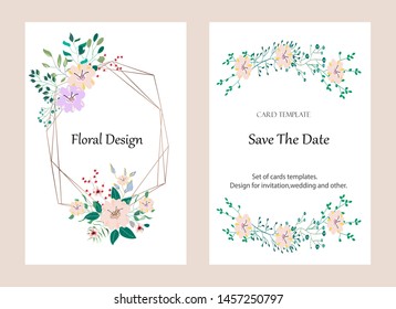 Vector cards with flowers,leaves and geometric. Botanic  Design for banner, wedding, poster, invitation, cover, placard, brochure, header.