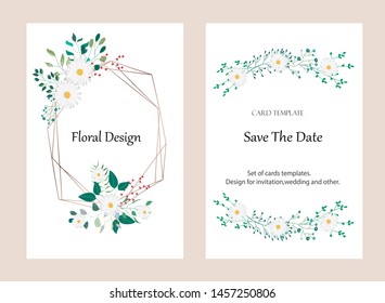 Vector cards with flowers,leaves and geometric. Botanic  Design for banner, wedding, poster, invitation, cover, placard, brochure, header.