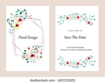 Vector cards with flowers,leaves and geometric. Botanic  Design for banner, wedding, poster, invitation, cover, placard, brochure, header.