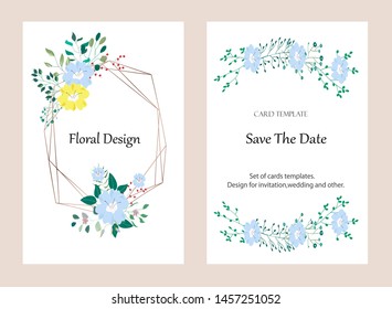 Vector cards with flowers,leaves and geometric. Botanic  Design for banner, wedding, poster, invitation, cover, placard, brochure, header.