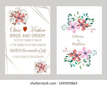 Vector cards with flowers,leaves and geometric. Botanic  Design for banner, wedding, poster, invitation, cover, placard, brochure, header.