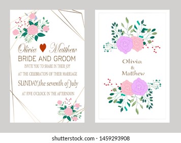 Tarjetas vectoras con flores, hojas y geométricas. Diseño botánico para banner, boda, afiche, invitación, portada, pancarta, folleto, cabecera.