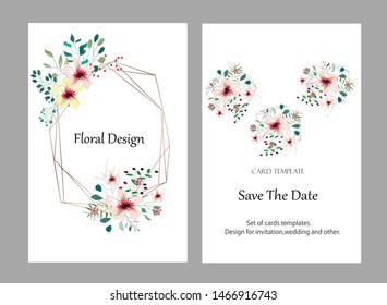 Vector cards with flowers,leaves and geometric. Botanic  Design for banner, wedding, poster, invitation, cover, placard, brochure, header.