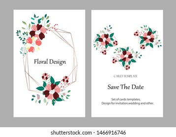 Vector cards with flowers,leaves and geometric. Botanic  Design for banner, wedding, poster, invitation, cover, placard, brochure, header.