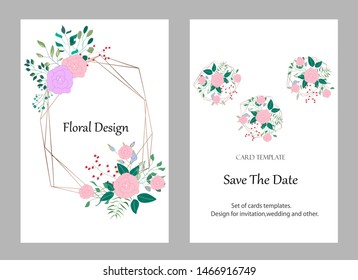 Vector cards with flowers,leaves and geometric. Botanic  Design for banner, wedding, poster, invitation, cover, placard, brochure, header.