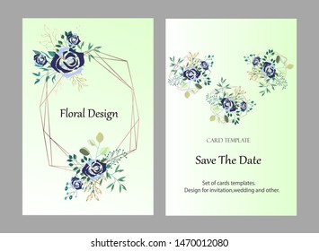 Vector cards with flowers,leaves and geometric. Botanic  Design for banner, wedding, poster, invitation, cover, placard, brochure, header.