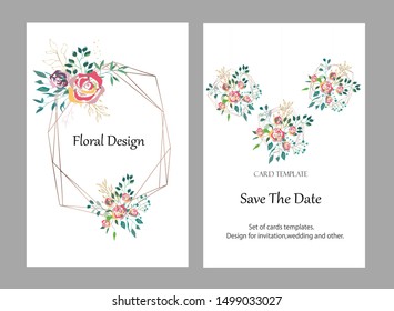Vector cards with flowers,leaves and geometric. Botanic  Design for banner, wedding, poster, invitation, cover, placard, brochure, header.