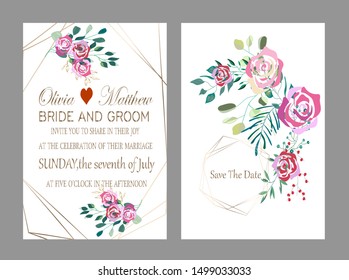 Vector cards with flowers,leaves and geometric. Botanic  Design for banner, wedding, poster, invitation, cover, placard, brochure, header.
