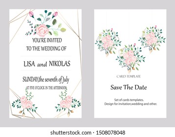 Vector cards with flowers,leaves and geometric. Botanic  Design for banner, wedding, poster, invitation, cover, placard, brochure, header.