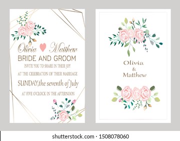 Vector cards with flowers,leaves and geometric. Botanic  Design for banner, wedding, poster, invitation, cover, placard, brochure, header.