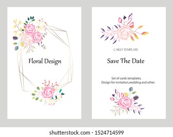 Vector cards with flowers,leaves and geometric. Botanic  Design for banner, wedding, poster, invitation, cover, placard, brochure, header.