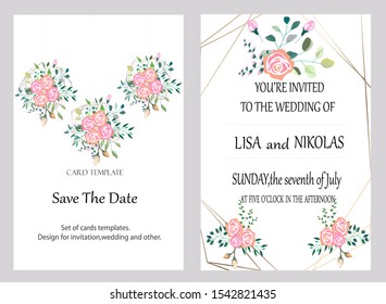 Vector cards with flowers,leaves and geometric. Botanic  Design for banner, wedding, poster, invitation, cover, placard, brochure, header.
