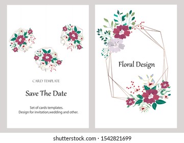 Vector cards with flowers,leaves and geometric. Botanic  Design for banner, wedding, poster, invitation, cover, placard, brochure, header.