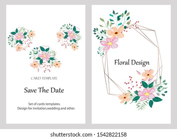 Vector cards with flowers,leaves and geometric. Botanic  Design for banner, wedding, poster, invitation, cover, placard, brochure, header.