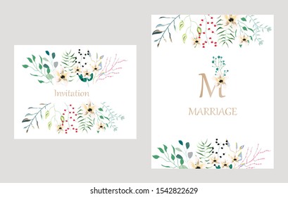 Vector cards with flowers,leaves and geometric. Botanic  Design for banner, wedding, poster, invitation, cover, placard, brochure, header.