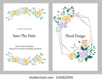 Vector cards with flowers,leaves and geometric. Botanic  Design for banner, wedding, poster, invitation, cover, placard, brochure, header.