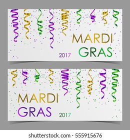 Vector cards with gold, green, yellow and violet serpentine, ribbon, dust confetti. Elements for banner, holiday design, web, invitation, party. Vector illustration. Mardi Gras lettering.