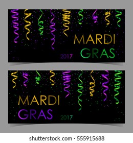 Vector cards with gold, green, yellow and violet serpentine, ribbon, dust confetti. Elements for banner, holiday design, web, invitation, party. Vector illustration. Mardi Gras lettering.