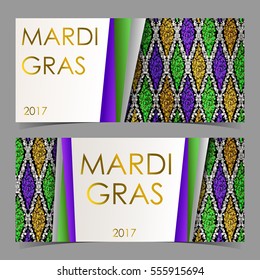 Vector cards with gold, green, yellow and violet colors, dust confetti. Vector illustration. Mardi Gras lettering on traditional rhombus pattern. Elements for banner, holiday, invitation, party.