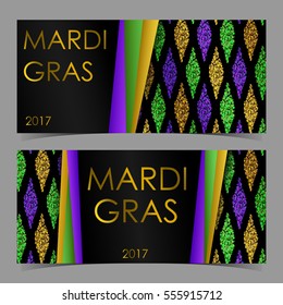 Vector cards with gold, green, yellow and violet colors, dust confetti. Vector illustration. Mardi Gras lettering on traditional rhombus pattern. Elements for banner, holiday, invitation, party.