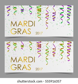 Vector cards with gold, green, yellow and violet serpentine, ribbon, dust confetti. Elements for banner, holiday design, web, invitation, party. Vector illustration. Mardi Gras lettering.
