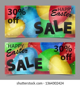 Vector cards with gold, red, blue, green  eggs with black text, sale and lettering. Elements for banner, holiday design, logo, web, invitation, party. Vector illustration for Happy Easter day.