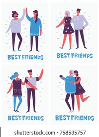 Vector cards of the group of happy fashion people - best friends  in a flat style