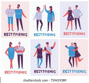 Vector cards of the group of happy fashion people - best friends in a flat style