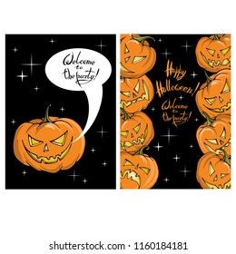 Vector cards in Halloween design. Pumpkins Jack-o`-lantern and words on black background.